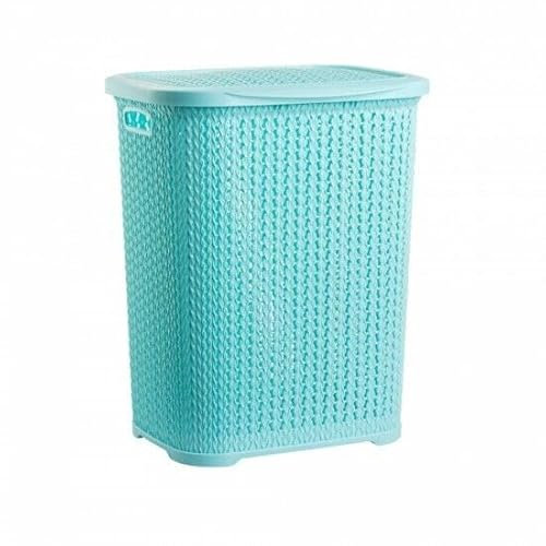 Plastic Laundry Basket Clothes Washing Bin Storage Knitted Hamper Organiser (Blue, Tall)