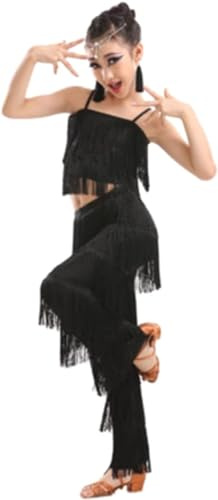 Set da Ballo Latino for Ragazze Sala da Ballo Pantaloni con Nappe con Frange Taglie Forti E Top con Frange Solide Salsa Samba Costume da Competizione Costumi di Pratica di Danza(Black,160)