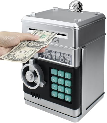 HUSAN Hucha electrónica para niños con código electrónico de cerditos, Mini cajero electrónico para Monedas ATM, Caja de Monedas, Juguete Divertido Regalo (Plata-)