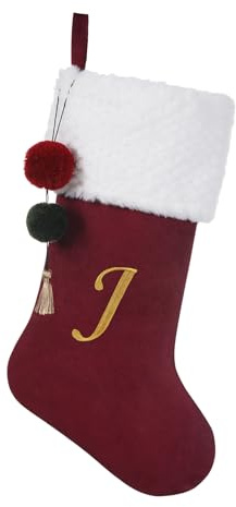 Pxniy 19.5 inches Personalized Velvet Christmas Stocking,Initials Embroidered Letter Christmas Stocking with pom poms, for Fireplace Hanging Decor and Xmas Gift(Burgundy J)