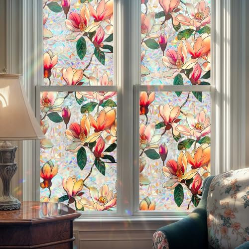 Qualsen Pellicola per Vetri Finestre 43x100cm, Effetto Arcobaleno Pellicola Adesiva per Vetri Motivo di Fiore di Magnolia Elettrostatica Decorativa Pellicola Privacy Finestre per Casa Cucina Ufficio