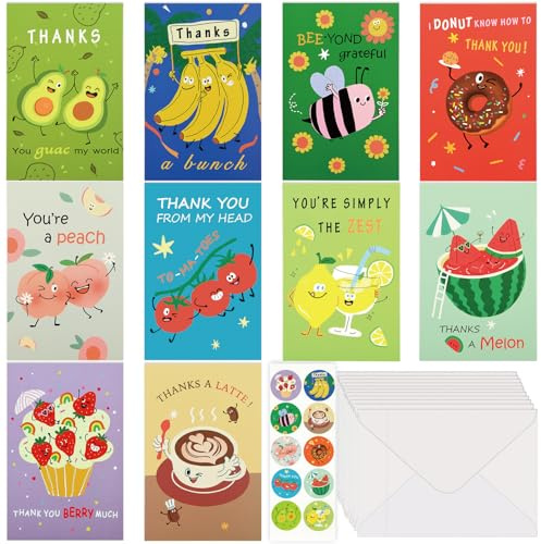 AhfuLife 30 Pcs Tarjetas de Agradecimiento Divertidas, Lote de Tarjetas de Agradecimiento, 10 Estilos de Tarjetas Frutales con 30 Sobres y 30 Pegatinas para Profesores, Amigos, Familia, Graduación
