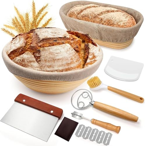 Banneton Bread Proofing Basket Set, 9 Inch Round & 10 Inch Oval Sourdough Proving Basket, 100% Natural Rattan, Sourdough Bread Making Kit with Cloth Liner, Bread Lame, Dough Whisk, Scrapers & Brush