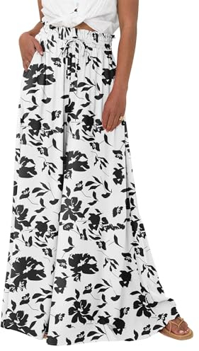 EIRUKON Pantalon Fluide Femme Large Taille Haute Chic et Elegant Pantalon Palazzo avec Poches Décontracté Imprimé Bohème Taille Elastique Baggy Pantalons de Plage,Noir,XL