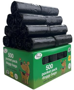 500 TidyZ Dog Poo Bags. Minimum 30% Recycled Plastic. Strong, Large Pet Waste Bags. Tie Handles, Individual Pocket Packs. Scented. Leakproof. 20 Rolls of 25 Bags