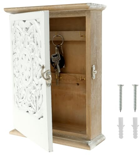 NZWBSHSSP Wall Mounted Key Cabinet With 6 Hooks, Decorative Hollow Design Key Storage Box, Vintage Wood Metal Holder, Minimalist Safe Cupboard for Home Office Entryway