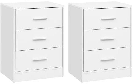 WOLTU Juego de 2 Mesitas de Noche con 3 Cajones, Mesillas para Dormitorio, Estilo Moderno, Estructura de Madera, 39 x 28 x 54 cm, Blanco NTS26ws-2