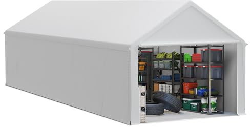 LZQ Lagerzelt 4x8 m – Gerätezelt, Gerätehaus & Zeltgarage mit robuster PE-Plane – wetterfester Unterstand mit Dachverstärkung & Bodenrahmen für Werkzeuge, Geräte, Garten & Baustelle (Weiß)
