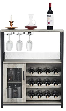 Aptliton Wine Cabinet with Removable Wine Rack, 3-Tier Bar Cabinet with Baffle Door & Glass Holders, Industrial Kitchen Buffet Sideboard for Dining Room, 69x35x92 Cm, Grey