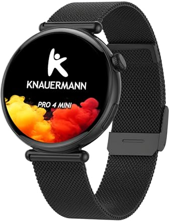 Knauermann PRO 4 MINI (2026) Rund Schwarz - EKG Gesundheitsuhr Blutdruck, Puls und Blutsauerstoff Messung, Schlafanalyse, Telefonie, IP67, Milanaise Schwarz
