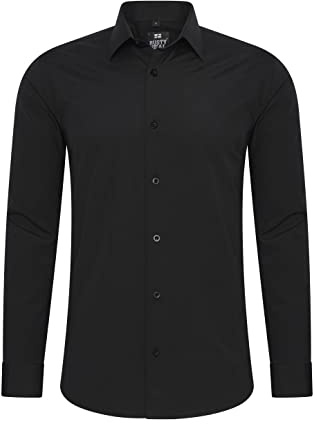 Rusty Neal Camisa para hombre Premium Slim Fit de manga larga elástica gris con cuello Kent para negocios y ocio Talla M, Negro , M