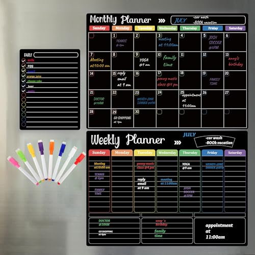 Hivillexun Set de Tableros Magnéticos Negras para Borrado en Seco - 3 Tableros para Nevera, Organizador Mensual, Semanal y Bloc de Notas Diario, para Pared y Nevera