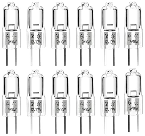 SCNNC G4 Halogen Bulbs 10W 12V Dimmable Warm White 2700K | 12 Pack, 300°C Heat Resistant, 2 Pin G4, Clear Halogen Capsule Bulb G4 for Oven Crystal Chandeliers Track Lighting