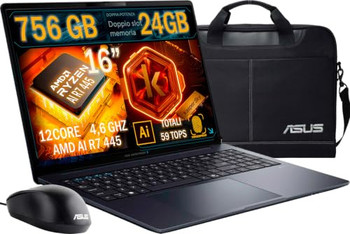 ASUS ExpertBook B3 G2, Ryzen AI 7, 24GB RAM, 756GB SSD, 16 Alluminio | Scocca 100% Alluminio • Win 11 Pro • Mouse USB + Borsa ASUS originali • Lic. Antivirus K in omaggio • Tastierino Numerico