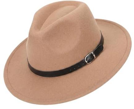 Bamboopack Sombrero estilo fedora de ala ancha con hebilla de cinturón, gorra plana de jazz para bailes, bodas, escenarios, actuaciones, fiestas, espectáculos, uso diario, caqui, M
