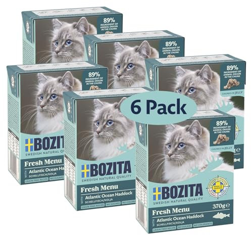 Bozita Tetra Nassfutter mit Schellfisch in Gelee – 6x370g getreidefreies Katzenfutter ohne Zuckerzusatz & ohne Gentechnik – ausgewogen, lecker mit 7,5% Protein & 5% Fettgehalt