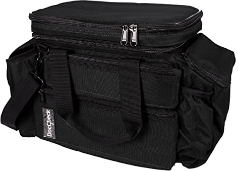 DocCheck Doc Pack läkarväska – gott om utrymme, 3-fack förseglad mot fukt, med ampullarium, mobiltelefonväska, dokumentväska (A5), fram- och sidofickor, axelrem, 40 x 21 x 28 cm, svart