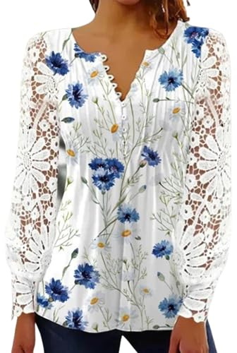 BISKAMY Tops for Women UK Elegant Ladies Tops Lace Patchwork Shirts Long Sleeve V Neck Blouse Plus Size Casual Loose T-Shirt， Blue Flower Large