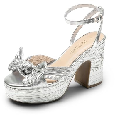 DREAM PAIRS Women's Chunky Platform Heels Sandals Pleated Bow Knot Ankle Buckle Strap Heeled Sandals Open Toe Comfortable Wedding Party Dress Shoes,Size 8.5,SILVER,SDHS2415W