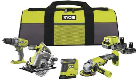 RYOBI - Kit 4 outils 18V ONE+ : Perceuse percussion, Meuleuse, Ponceuse triangulaire, Scie circulaire - livré avec 1 batterie 4Ah, 1 batterie 2Ah, un chargeur, et 1 grand sac - RCK184O-242SZL