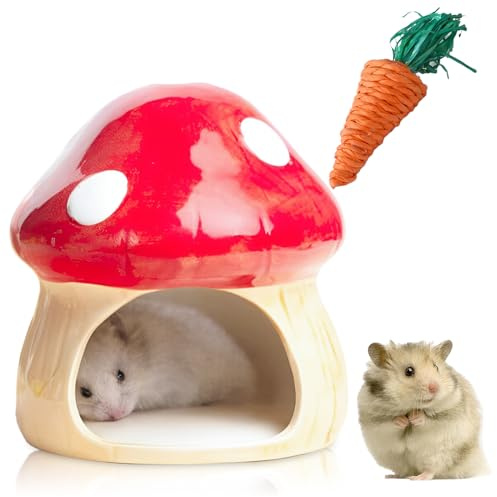 TOATELU Maison en céramique pour hamster : cachette durable pour hamster, hamster et tunnel pour jouets dentaires en forme de champignon, grandes entrées pour gerbilles, souris, chinchillas (rouge)