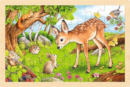 goki 57325 - Einlegepuzzle Rehkitz und Waldbewohner aus Holz– Fördert Fantasie und Feinmotorik bei Kindern, 30cm x 20cm, 24-er Set, ab 3 Jahre