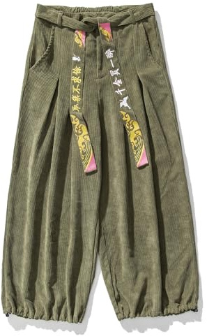 GURUNVANI Pantaloni cargo vintage in velluto a coste con cordoncino da uomo, verde, L