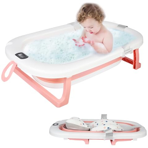 Baignoire Pliable Bébé avec Thermometre Digital,Baignoire Bebe avec Tapis de Bain Baignoire de voyage portable pour bébés et enfants de 0 à 24 mois Newborn Essentials-80 * 50 * 23-rose