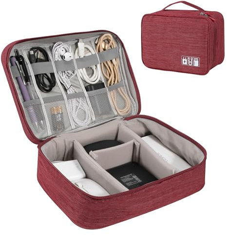 Tunejoy Elektronische Tasche Groß Elektronik Zubehör Organizer Tragbar Kabeltasche Wasserdicht für Kabel SD-Karten Festplatte Power Bank USB Sticks Rot