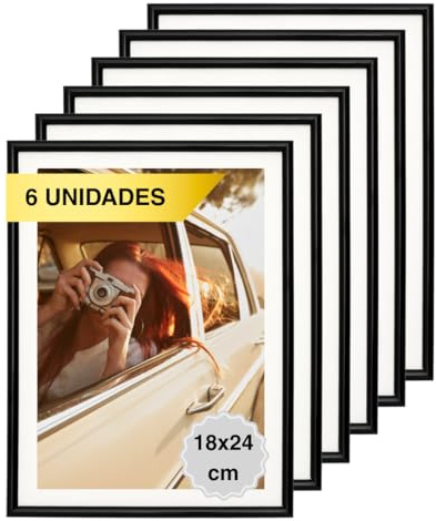 MARCOFOTO Set de 6 Marcos de Fotos 18x24 cm – Marcos de PVC Negros con Cristal – Para Cuadros, Fotos o Documentos – Perfectos para Decorar Paredes del Hogar, Despacho o Negocio