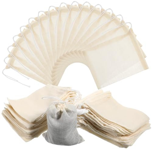 Wanmu 60 Pcs Muslin Bags, 3”X4” Reusable Cotton Drawstring Tea Bags, Small Cloth Cheesecloth Storage Supplies for Straining Coffee Bone Broth Brew Sachet Soup Gravy Broth Stew Spice