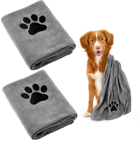 2 Pack Dog Towel, Super Absorbent Dog Towels for Drying Dogs, 100 x 50 cm Microfibre Dogs Drying Towel for Puppies, Cats and Other Pets Bath, Rain, Travel (Grey)