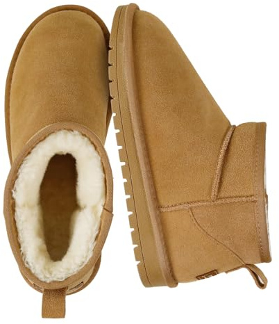 EVELLYHOOTD Genuine Suede Ankle Snow Boots for Women Men-Water Resistant Warm Flat Padded Winter Fuzzy Mini Boots with Cozy Faux Fur Lining,Chestnut