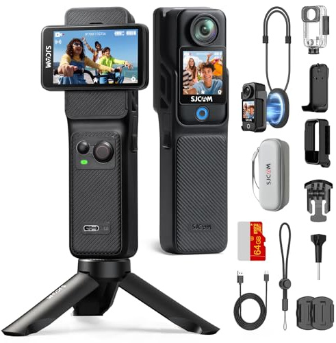 SJCAM C400 Pack Vlog (64G) Nero - Vlog camera, Action cam 4K 2-in-1 Rimovibile, Impermeabile, Touchscreen da 2.29, Stabilizzazione a 6 Assi, Batteria da 437 min per Viaggi, Live, YouTube, Gift