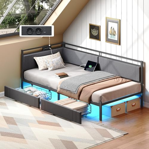 HOOBRO Schlafsofa 90 x 200 cm mit 2 Schubladen, Lattenrost, Bettgestell, Polsterbett mit Ladestation und LED-Beleuchtung, Polsterbett, Einzelbett, für Schlafzimmer, Grau und Schwarz EBG81CDBF01