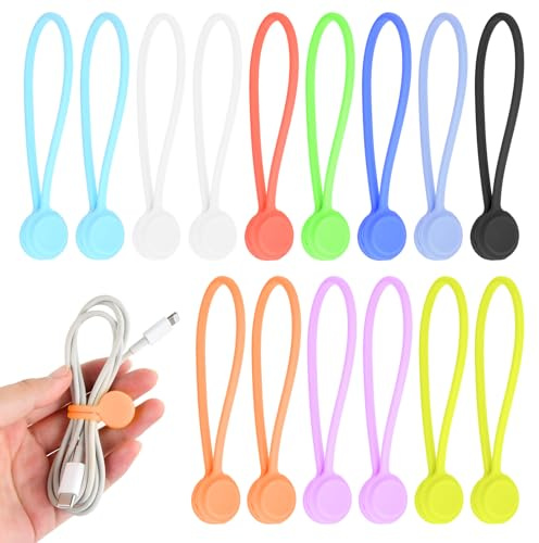 15 Piezas Bridas Magnéticas de Silicona, 19cm, Ataduras de Cable Magnéticas Reutilizables, Colores Sujetacables Management Recoge Cables Bridas, Multipurpose Elastic Cord Organize