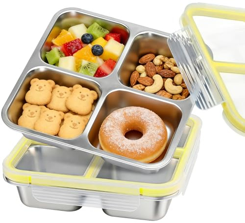 FRUIID Stainless Steel Snack Containers, 4 Compartment Metal Bento Box with Lids Airtight, Reusable Snackle Boxes Meal Prep Lunch Container Leakproof Food Storage for Travel, Picnics, Work