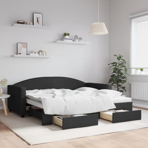zylophax Utdragbar dagssäng med lådor, svart, 90 x 190 cm tyg, klädselsäng med robust sängram, familjesäng och ungdomssäng, sängram med lagringsutrymme