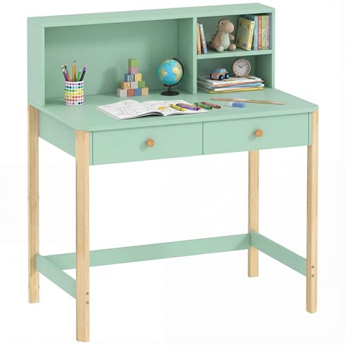AIYAPLAY Bureau Enfant en Bois Grand Plateau 75H cm 2 Tiroirs Vert | 3 Compartiments Ouverts, Table pour Étude Dessin Lecture, pour Filles et Garçons 5-12 Ans
