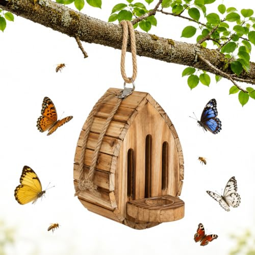 Wooden Butterfly House for Outside,Teardrop-Shaped Garden Habitat and Feeder with Hanging Rope,Weatherproof Natural Nesting Box,Hanging Butterfly Houses for Butterflies,Moths,Lacewings,BackyardDecor