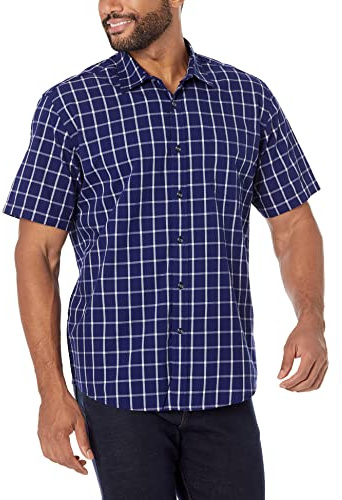 Amazon Essentials Men's Kortärmad poplinskjorta med normal passform, Marinblå Fönsterruta, L