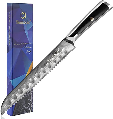 Sunnecko 20cm Brotmesser Wellenschliff, Damastmesser Brot Messer Scharf Küchenmesser mit Damaststahl Klinge, G10 Griff Brotschneidemesser