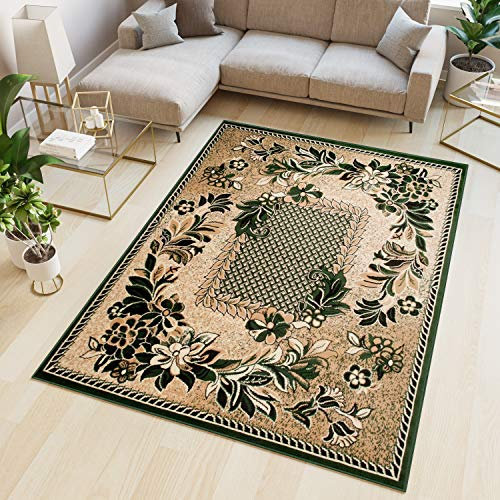 TAPISO Atlas Teppich Kurzflor Blumen Floral Bordüre Grün Beige Schlafzimmer Wohnzimmer Vintage Modern ÖKOTEX 300 x 400 cm