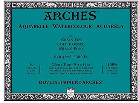 Arches Aquarelle – Block of 10 Sheets 23 x 31 cm Glued on 4 Sides – 640 g/m² – Satin Grain, Natural White, 4 Free Edges