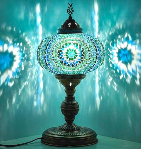 DEMMEX Lampada da tavolo XXL a mosaico turco marocchino con globo di dimensioni più grandi da 25,4 cm, stile boho, da scrivania, comodino o da notte, corpo in metallo color ottone antico, realizzata a