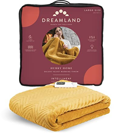 Dreamland Hurry Home Heated Throw – Mustard Yellow Quilted Herringbone - Deluxe Velvet Electric Blanket Perfect for bed and Sofa, Fast Heating, Machine Washable, Detachable Control, Timer, 160x120cm