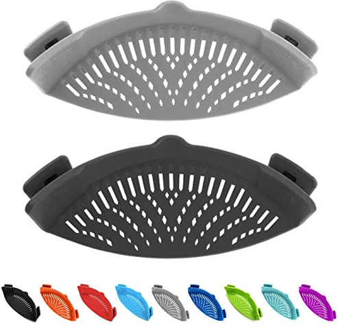 Clip on Kitchen Food Strainer for Spaghetti, Pasta, Meat, Fruits, Vegetables. Silicone Kitchen Food Strainer for Pots & Bowls. (Grey&Black)
