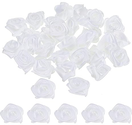 PATIKIL 1,5cm Mini Raso Nastro Rose, 30pz Piccoli Tessuto Fiori Abbellimenti Rosoni Applique per Fai-da-te Artigianato e Matrimonio, Bianco