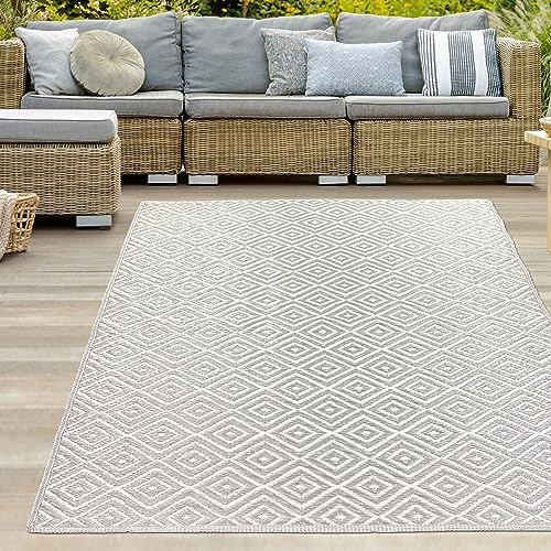 Teppich-Traum Utomhusmatta, vattentät, väderbeständig, i plast, terrassmatta, campingmatta, förtältsmatta, rutmönster, ljusgrå, 120 x 170 cm