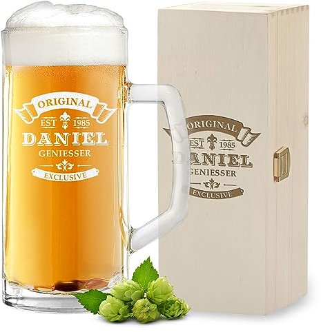 polar-effekt 2-TLG Set 1x Bierkrug 0,5 Liter und 1x Holzkiste mit Gravur - Geschenk-Idee zum Geburtstag und Jubiläum - Bierglas mit Griff - für Papa, Opa und Freund geeignet - extra spülmaschinenfest